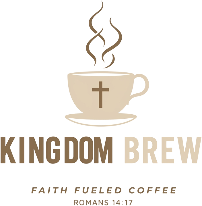 Kingdom Brew logo, a steaming coffee cup with a cross above the words Kingdom Brew, Faith Fueled Coffee, Romans 14:17