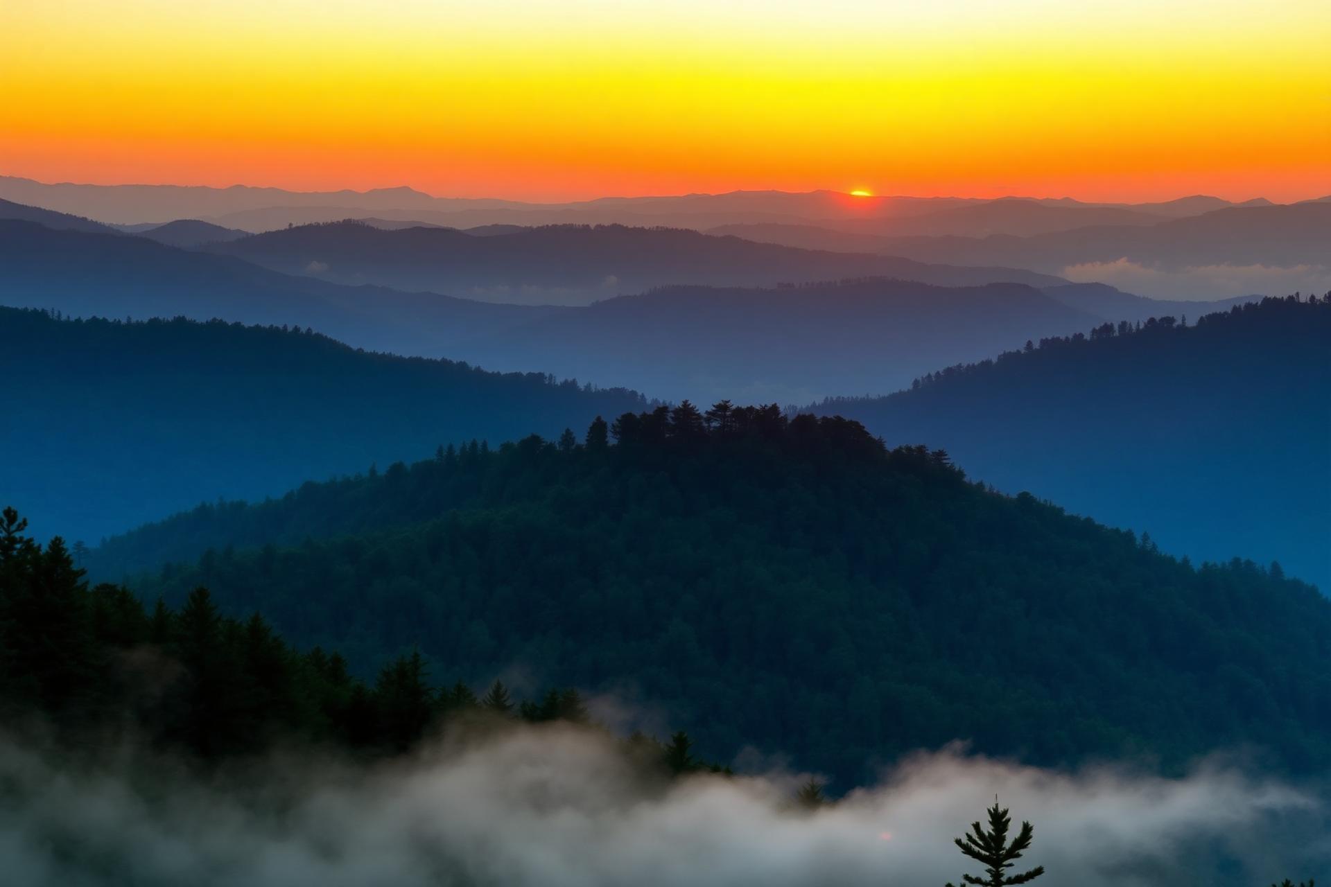 Sunrise over the misty ridges of the Great Smoky Mountains