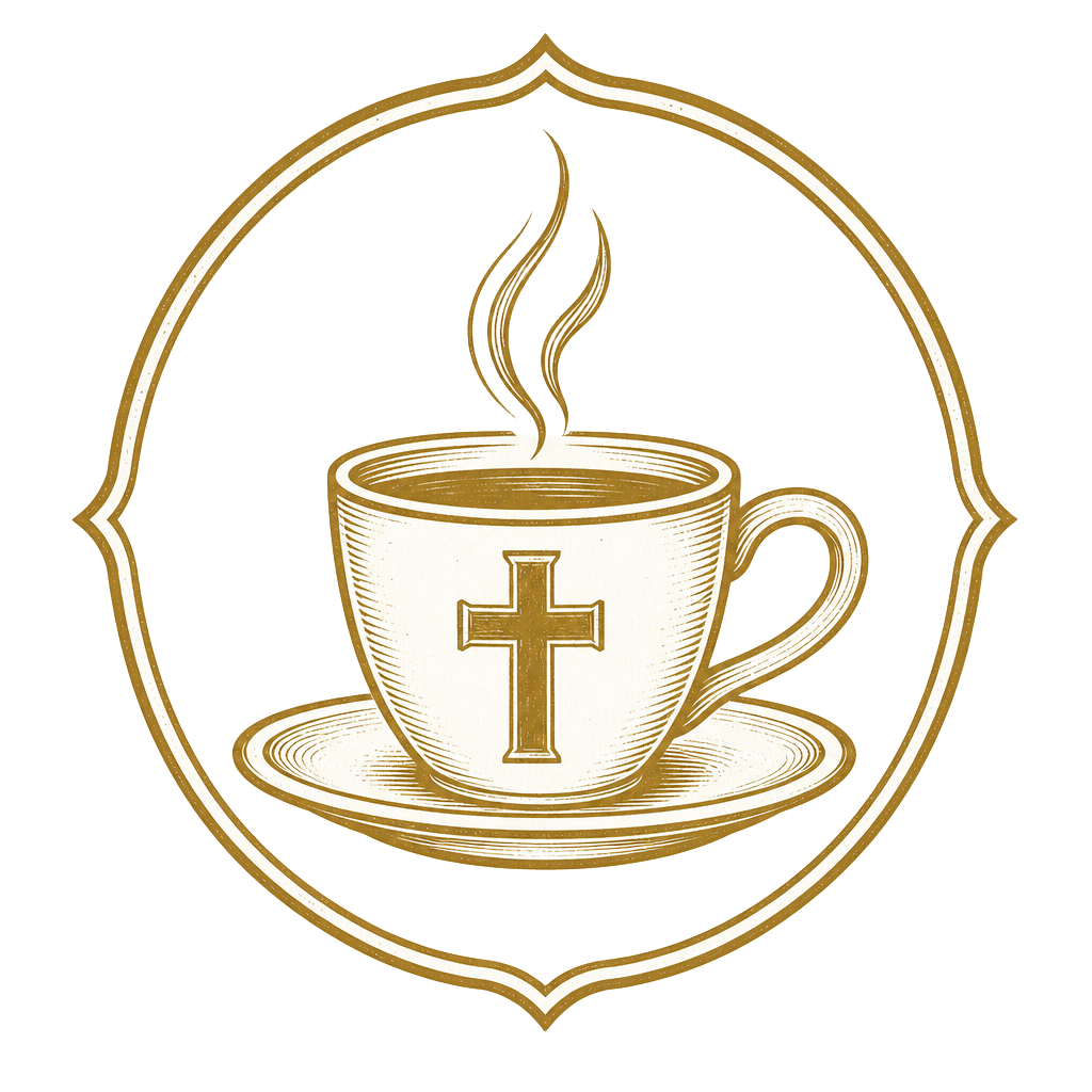 Kingdom Brew logo, a steaming coffee cup with a cross